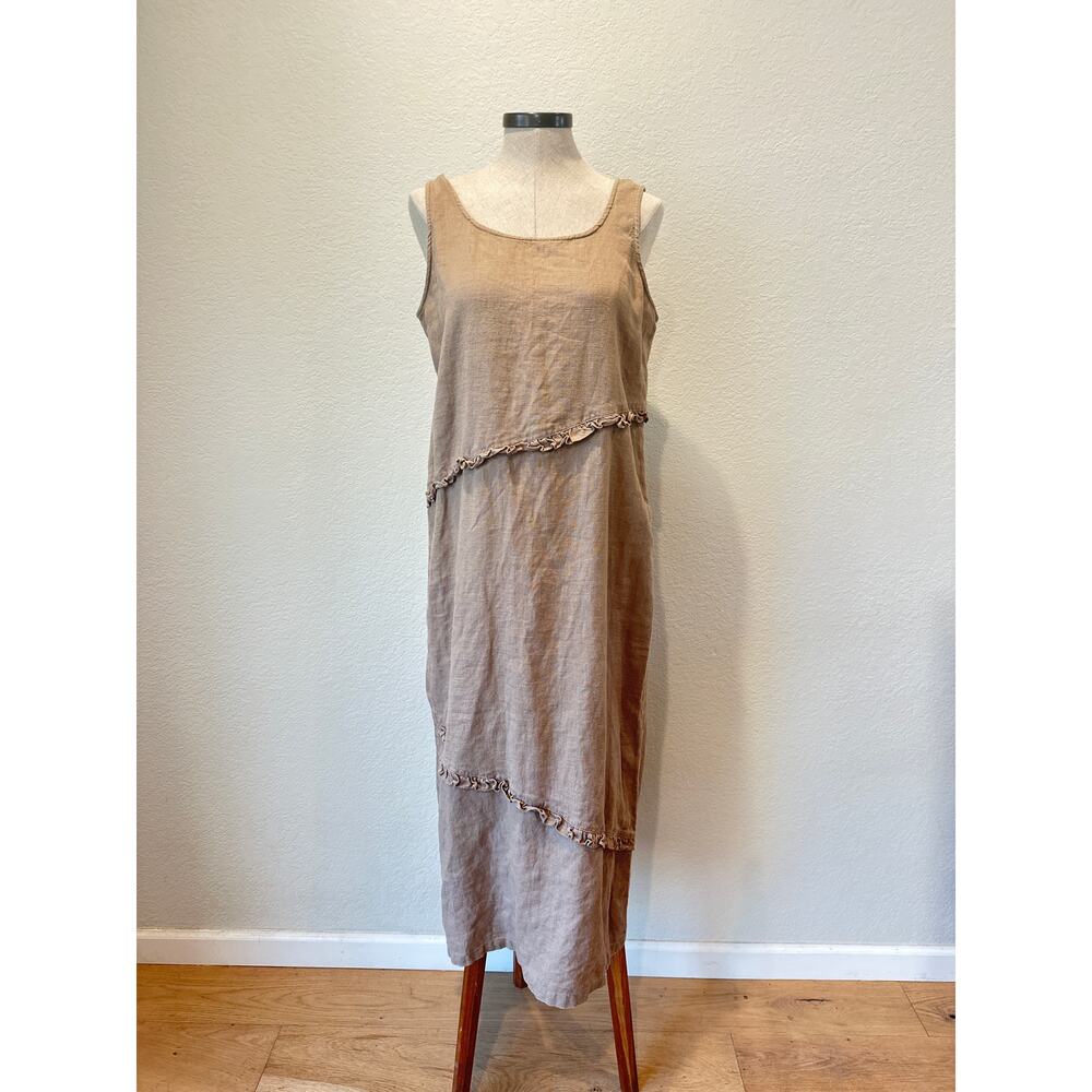 Lagenlook Linen Dress Womens M Petite Tan Artsy Coastal Art to Wear Minimalist